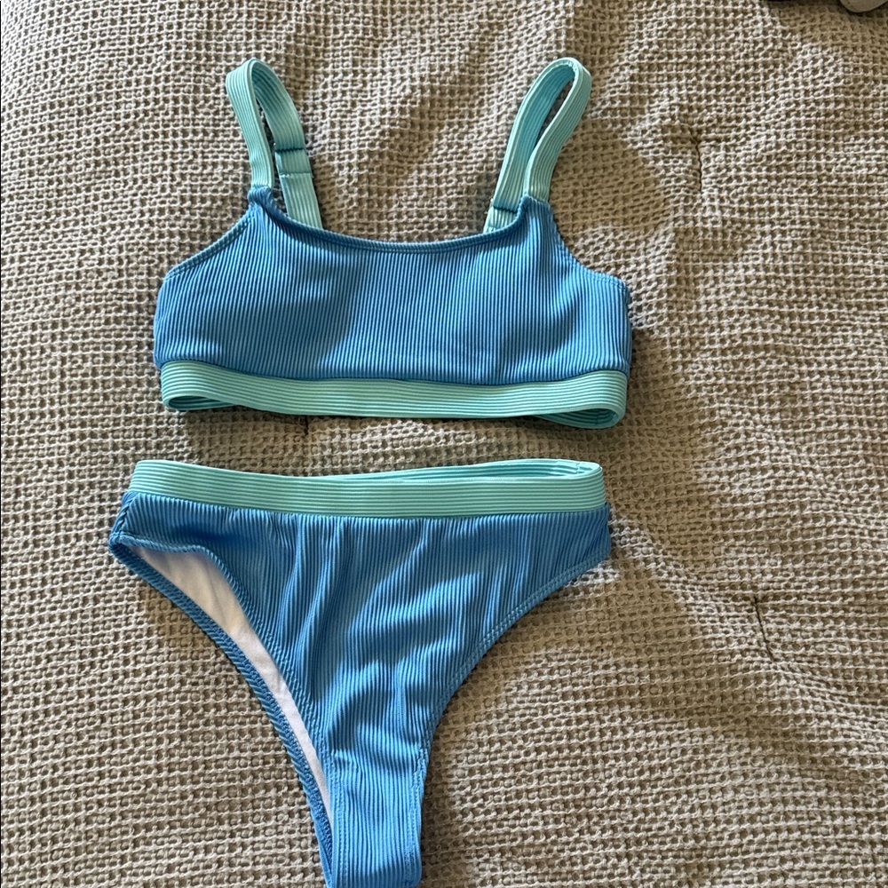 Blue and Aqua Ribbed Bikini Set